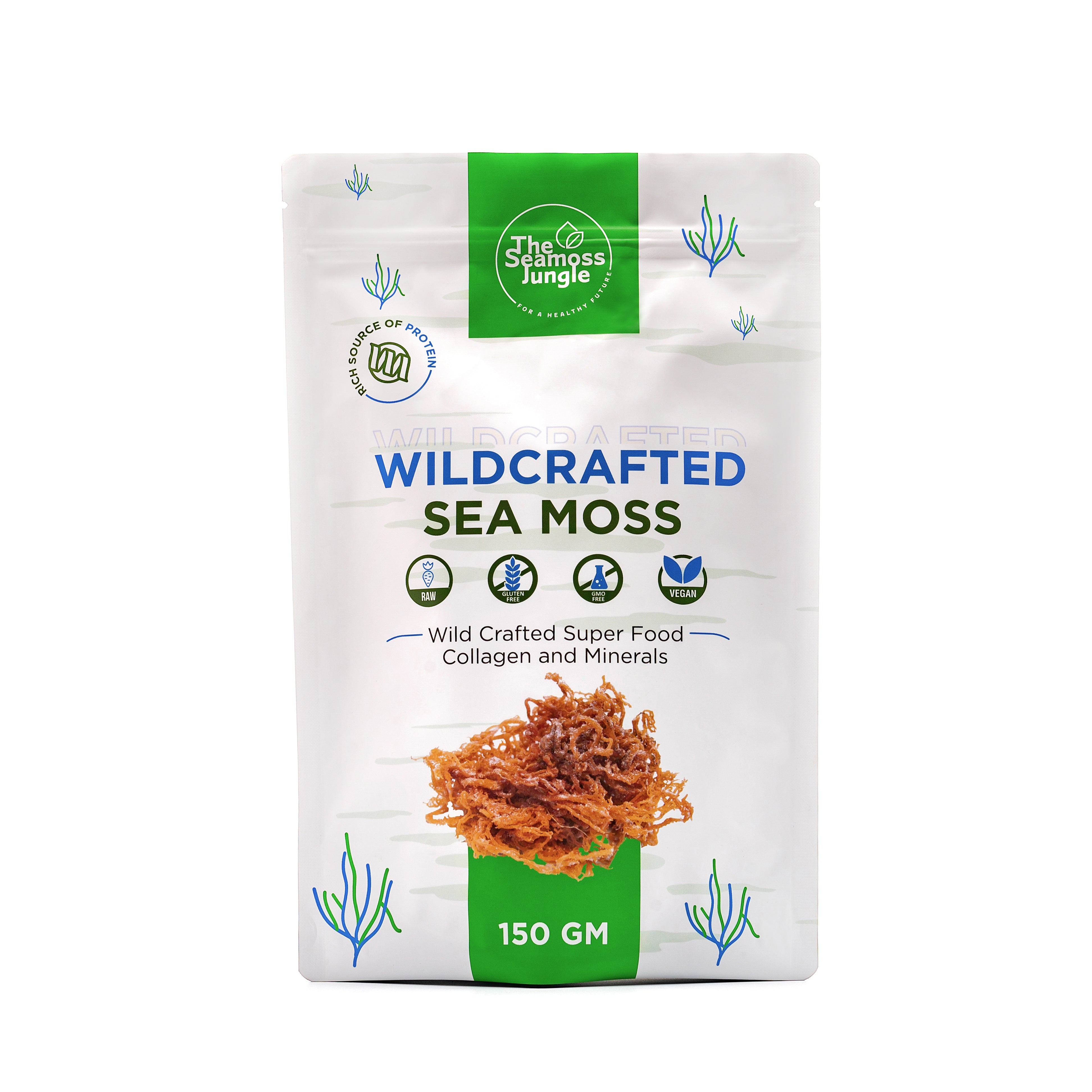 Wildcrafted Raw Sea Moss in verpakking op een witte achtergrond.